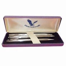 Vintage Centennial Pen & Mechanical Pencil Set in Case Silver Tone