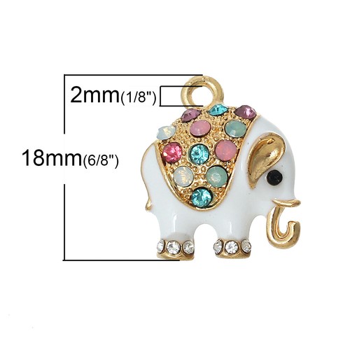Elephant Charms 5pcs - White Enamel - Coloured Rhinestone - Gold Tone - 18mm - Picture 3 of 4