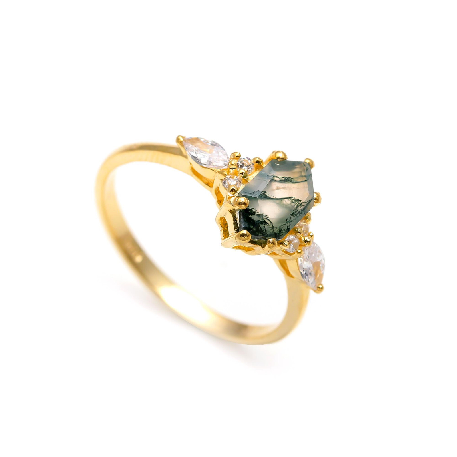 Natural Moss Agate Gold Plated 925 Sterling Silver Ring Custom Sizes