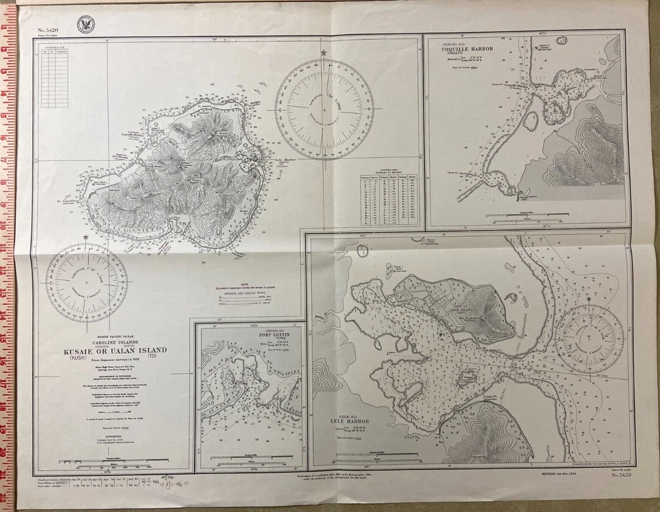 Hydrographic Chart Caroline Islands Kusaie or Ualan Island N. Pacific Ocean WW2 - Image 2 of 4