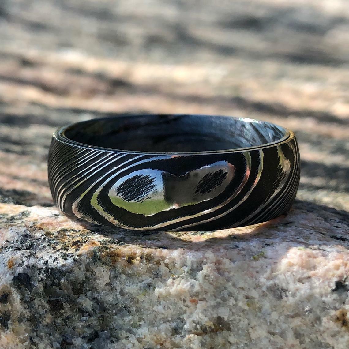 Damascus Steel Wedding Band With Cobaltium Mokume Sleeve