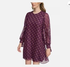 CALVIN KLEIN Womens Purple Lined Tie Cuffs Balloon Sleeve Shift Dress 2