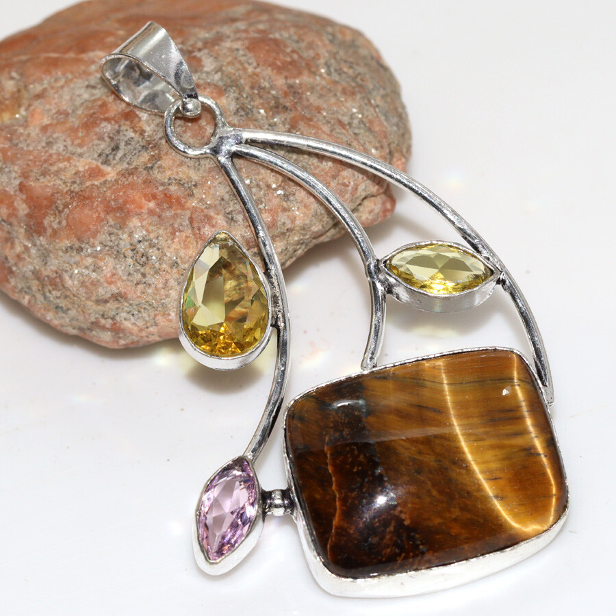 925 Silver Plated Tiger Eye Citrine Long Ethnic Pendant 2.5 Inch Jewelry JW