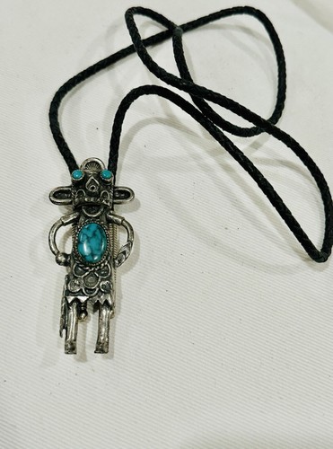 Vintage Kachina Turquoise Sterling Silver Native American Bolo Tie - Picture 2 of 9