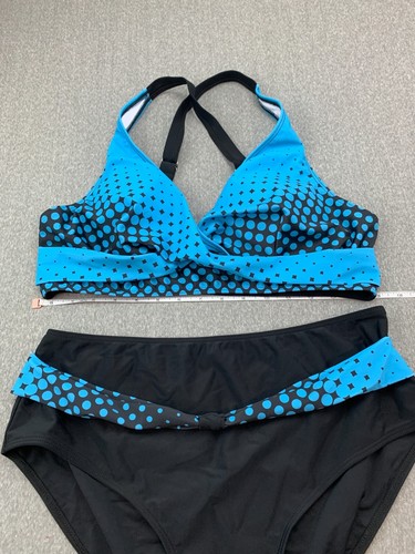 Athletic Cross Back Bikini 2 Pc Swimsuit Womens XL Black Teal Dot High Waisted - Picture 9 of 19