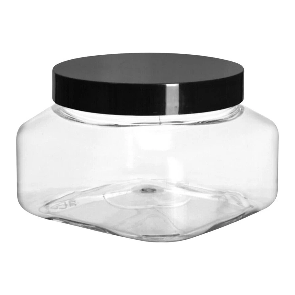 Frascos cuadrados transparentes de PET 6x 8 oz con tapas forradas de plástico PS22 lisas negras SEIS NUEVOS Foto 3 de 4