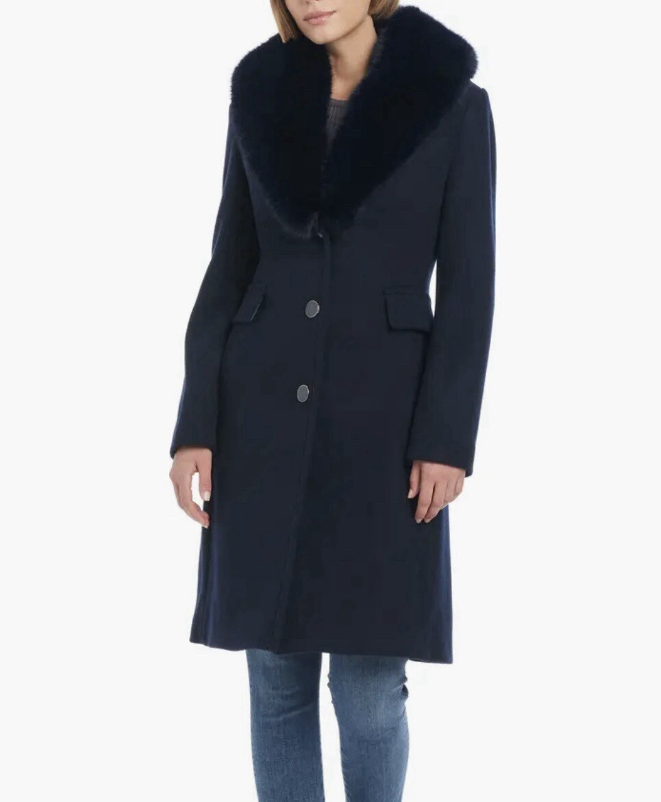 NWOT Kate Spade Wool Blend Coat W/Removable Faux Fur Collar 