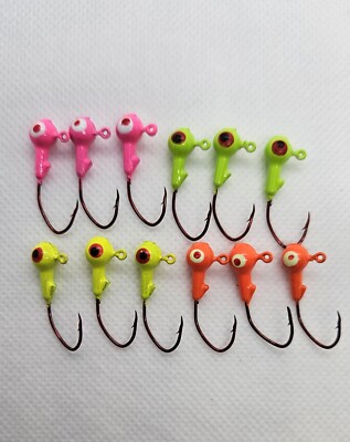 50 - 1/16 OZ JIG HEADS NO BARB #4 RED SICKLE HOOK PAINTED ALL EYES OPEN!