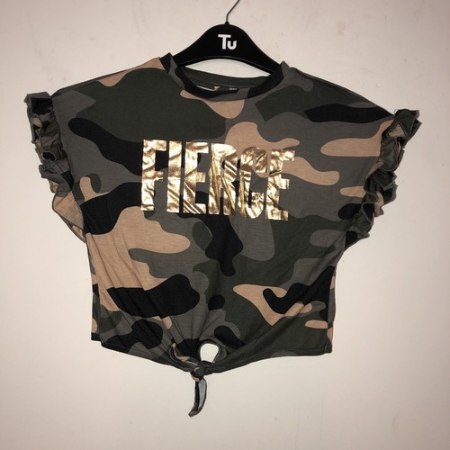 River Island FIERCE Gold Slogan Print Camo Khaki Ruffle Sleeve Knot Tie Crop Top