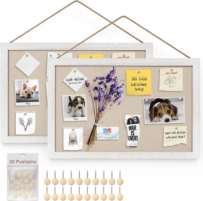 Board2by 30x20 Inch White Cork Bulletin Board With Linen & Wood Frame - Wall Mounted Pin Board With 20 Pushpins