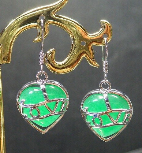 Genuine Green Jade Love Heart Yellow White Gold Plated Luck Hook Dangle Earrings - Picture 7 of 14