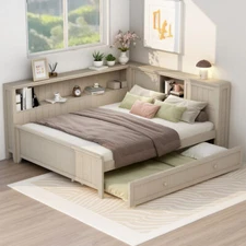 Full Size Wood Daybed with Storage Shelves and Trundle, Antique White Milk Bed