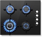 60cm Gas Hob 4 Burners Black Glass Built in Gas Cooktop Cast Iron Support NG/LPG