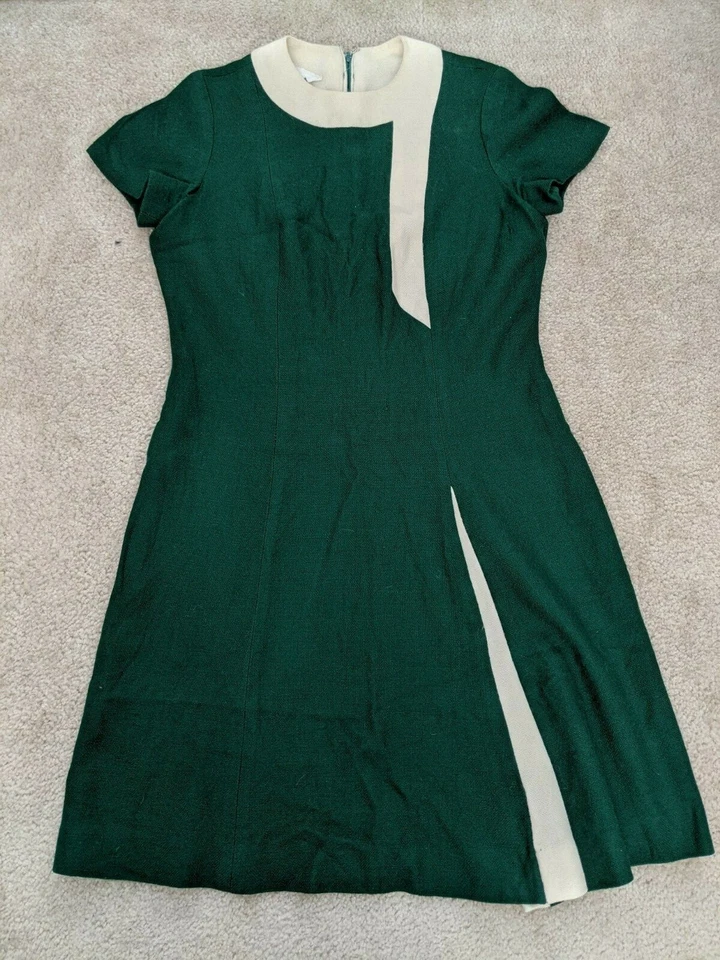 Vintage 1960s Alison Ayres Mad Men Mod Style Sleeveless Dress - Green & White - Photo 1/4