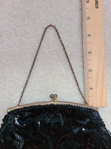 Bolso de noche vintage con cuentas de lentejuelas Francia negro satén pequeño - Imagen 12 de 12