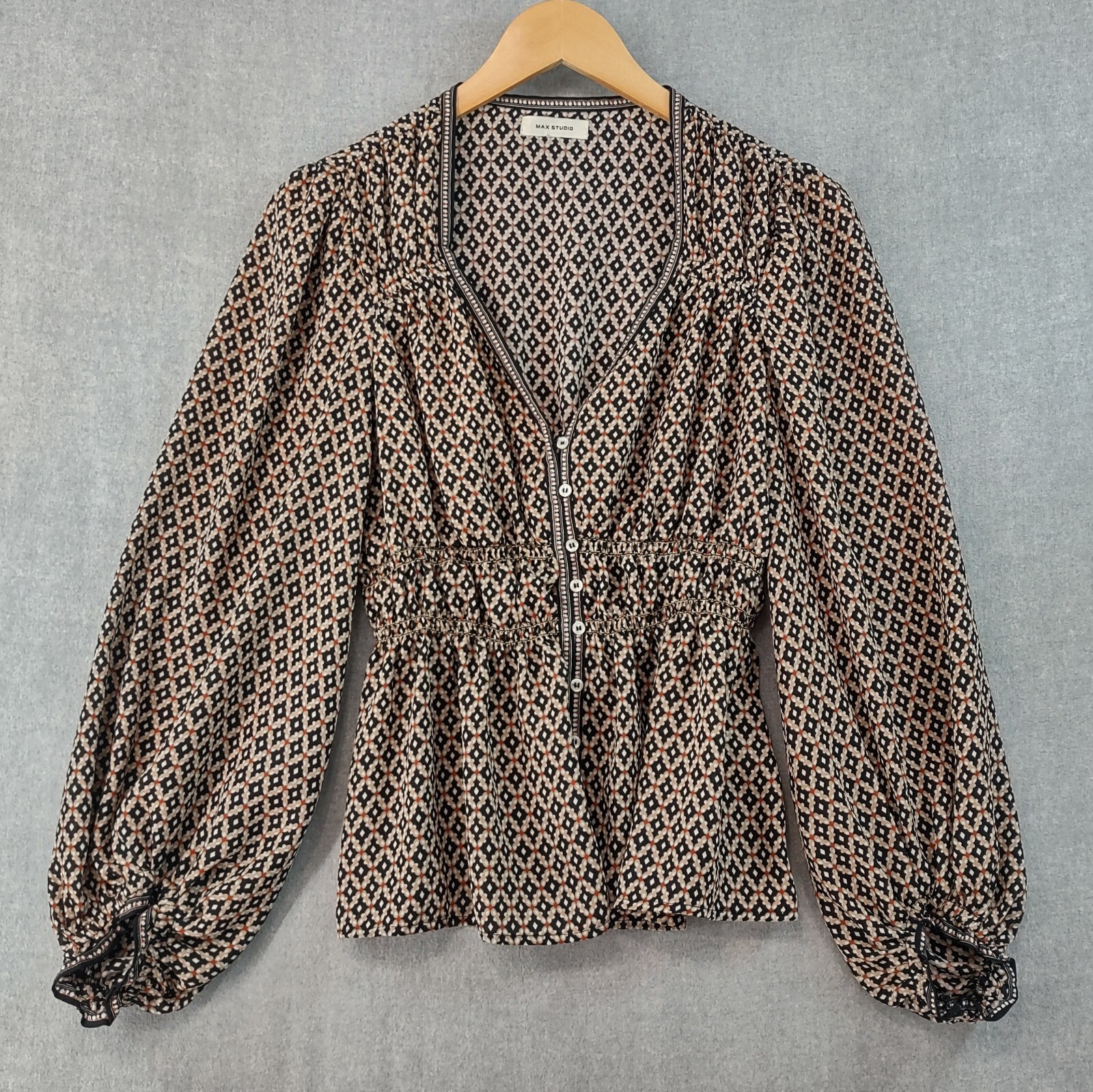 Max Studio Peplum Smocked V-neck Boho Top Womens Medium Balloon Sleeve Blouse