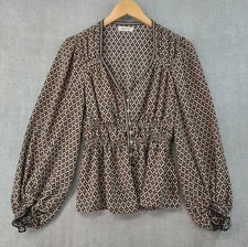 Max Studio Top Women Medium Bohemian Smocked V-neck Stretch Waist Balloon Sleeve