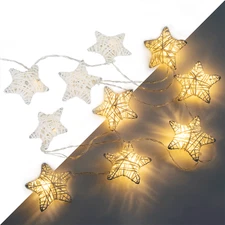 10 LED String Fairy Lights Metal Covered Stars Deco Indoor Outdoor Warm White