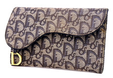 DIOR VINTAGE Sella Trifold Portafoglio Lungo Logo Tela Blu Raro Autentico