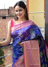 Blue Banarasi Semi Cotton Silkly Tilfi Zaal Saree Zari Woven Skirt Border Sari