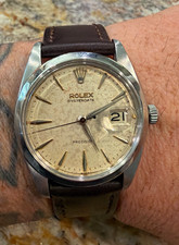 Rolex Oysterdate Precision Cream Dial Manual Date Steel Case Brown Leather Strap