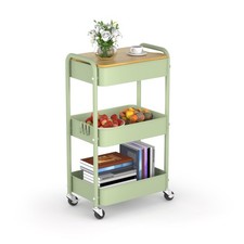 Green 3 Tier Metal Utility Cart Rolling Storage Wooden Tabletop Lock Wheels