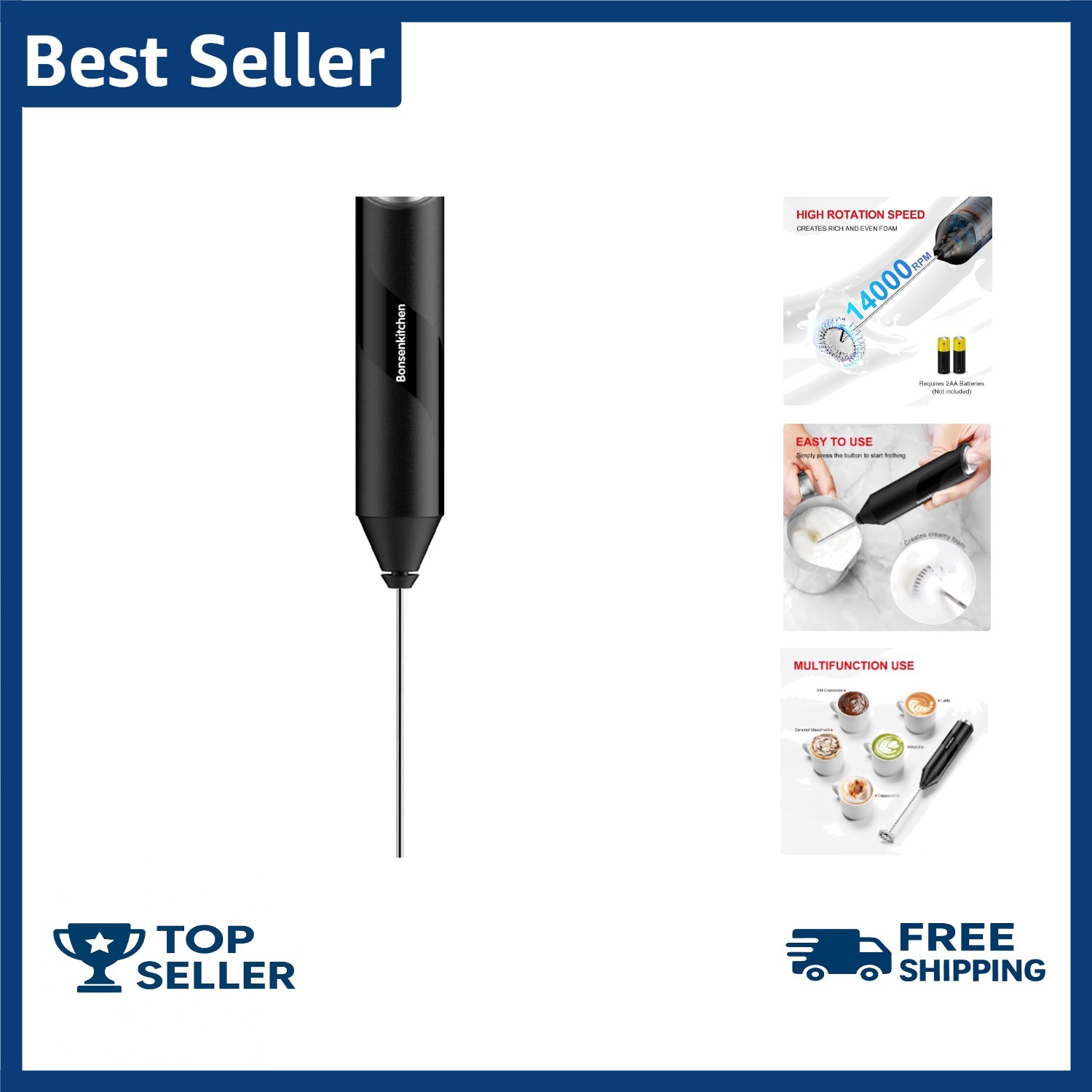 Bonsenkitchen Powerful Milk Frother for Coffee, Fast Handheld Drink Mixer wit