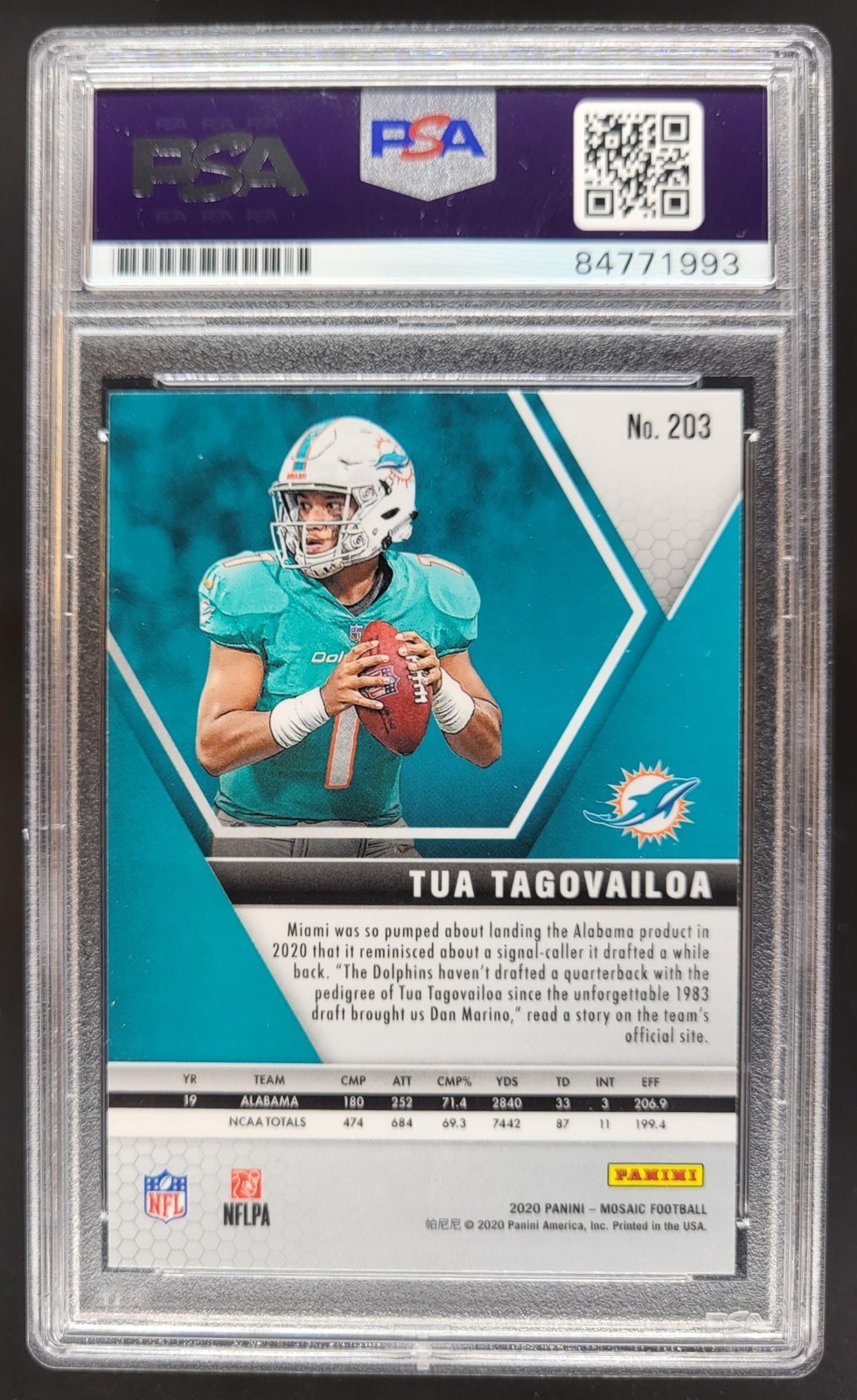 2020 Panini Mosaic Tua Tagovailoa #203 RC PSA AUTH AUTO Miami Dolphins SM5 view 2