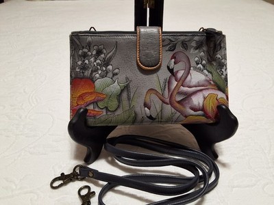 Anuschka Leather Organizer Crossbody Wallet. Hand-painted Gray w/ Maroon Swans.