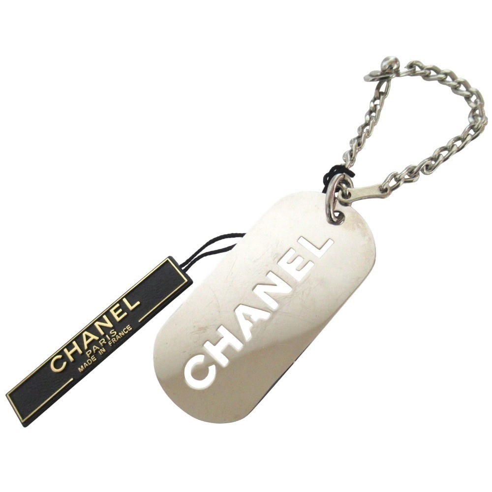 07V CHANEL Chanel Dog Tag Logo Keychain Bag Charm Silver Color Women USED