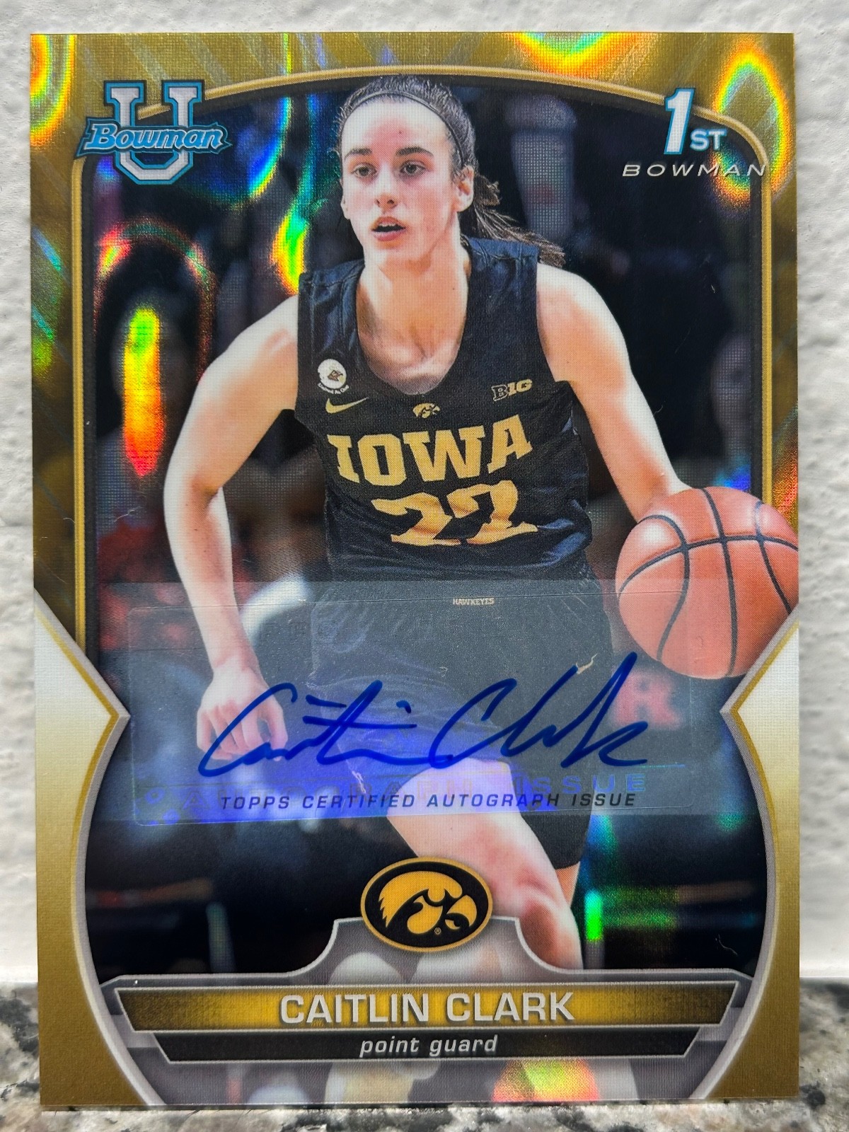 2022-23 Bowman U Chrome Caitlin Clark GOLD REFRACTOR 1st AUTO /50 SSP #50 ROOKIE