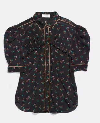 Authentic Coach Designer 100% Silk Black Ruffle Floral Womens Blouse Size 6 EUC