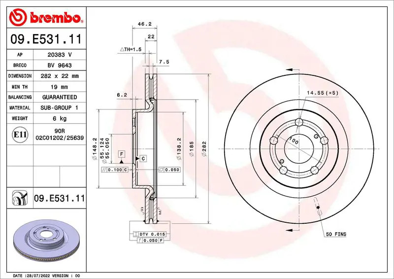 2x Brake Discs Pair Vented Front 282mm 09.E531.11 Brembo Set 1M0426251 Quality - Image 2