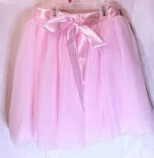 Girls Fluffy Pink TUTU Tulle Knee Length Satin Ribbon Tie Elastic Waist Sz 7-10
