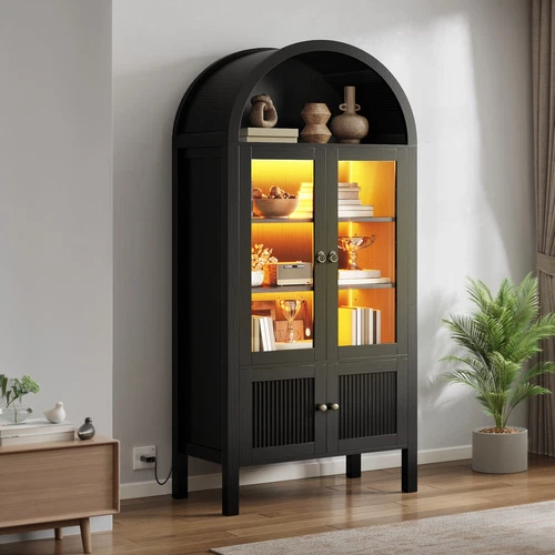 71"Tall Arched Cabinet Kitchen Pantry w/LED Light Wood Kitchen Storage Cabinets