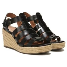 Vionic Jaylah Black Leather Gladiator Espadrille Wedge Sandals US 9.5