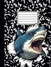 Composition Notebook Wide Ruled For Kids. Shark On Black Marble. Cute Journal No
