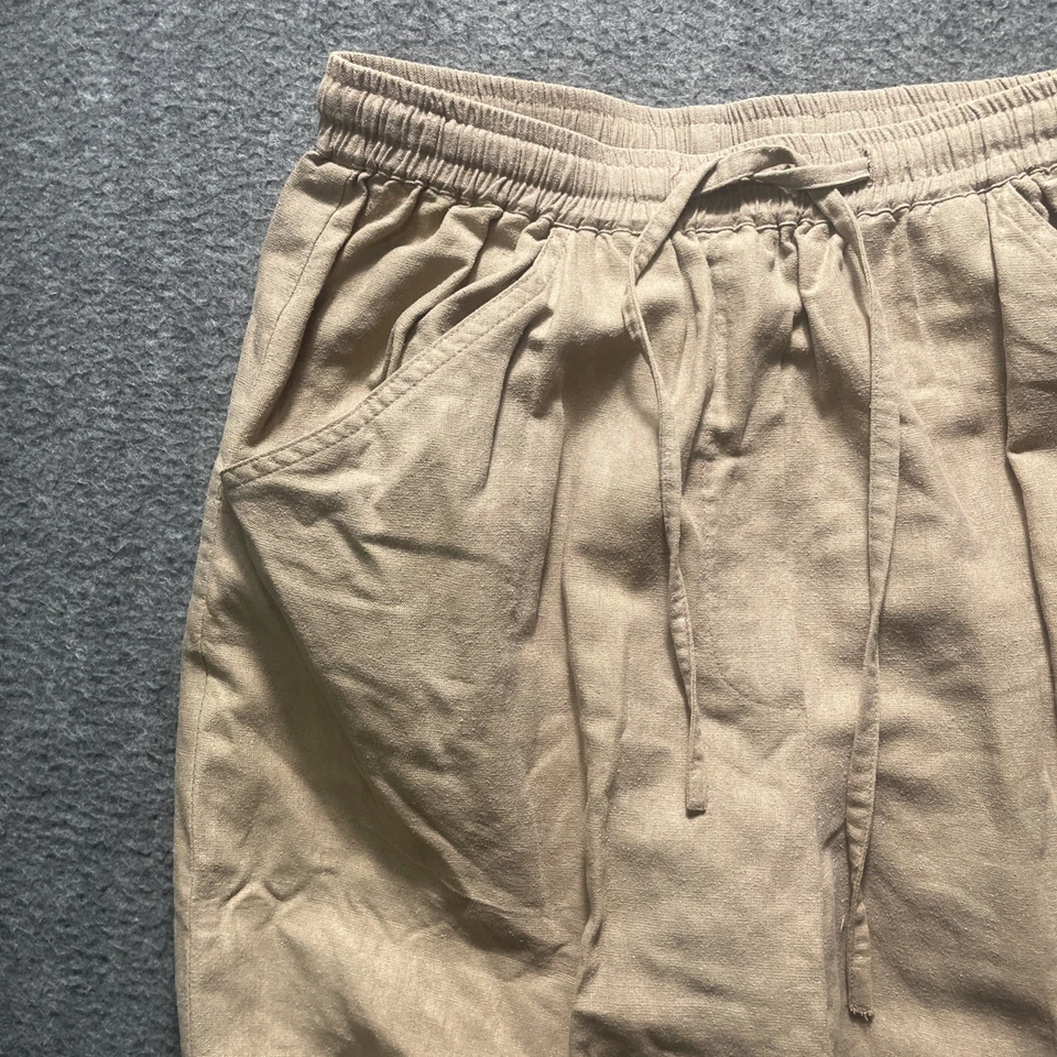 Erin London 裤子亚麻丝绸混纺小号棕褐色卡其色弹性腰围海滩 — 第 3/4 张图片