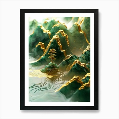 Gold Intarsien Jade Schnitzerei Szene 3 Bogen gerahmt Wandbild Poster Leinwanddruck Bild