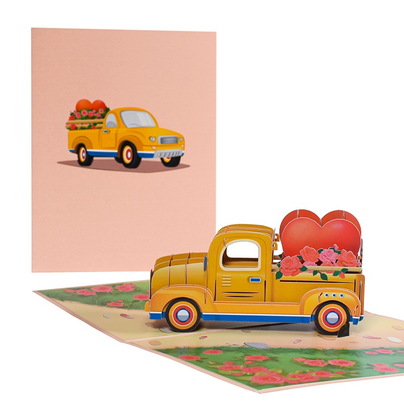 Yellow Vintage Truck with Heart Roses 3D Pop Up Card - Anniversary Valentine's