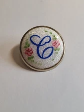 Vtg Guilloche Enamel Initial Blue "C" Initial Pink Flowers Brooch Pin Goldtone 