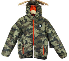 Hurley Quilted Full Zip Hooded Jacket Youth Boy's Large 12-13 Brown Camo Orange