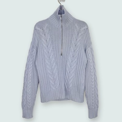 NAADAM | Wolle Kaschmir Pullover hinten offen Zopfmuster Viertelreißverschluss blau | Gr. XSmall