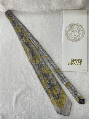 GIANNI VERSACE Rare tie Light gray, gold, dot pattern silk from