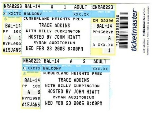 TRACE ADKINS ~ 2002 Ryman Auditorium, Nashville TN Konzertkarte ~ KOSTENLOSER VERSAND