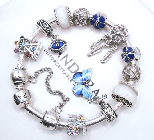 PANDORA SILVER BRACELET WITH BUTTERFLY EVIL EYE WHITE GLASS & BLUE THEMED CHARMS - Picture 5 of 8