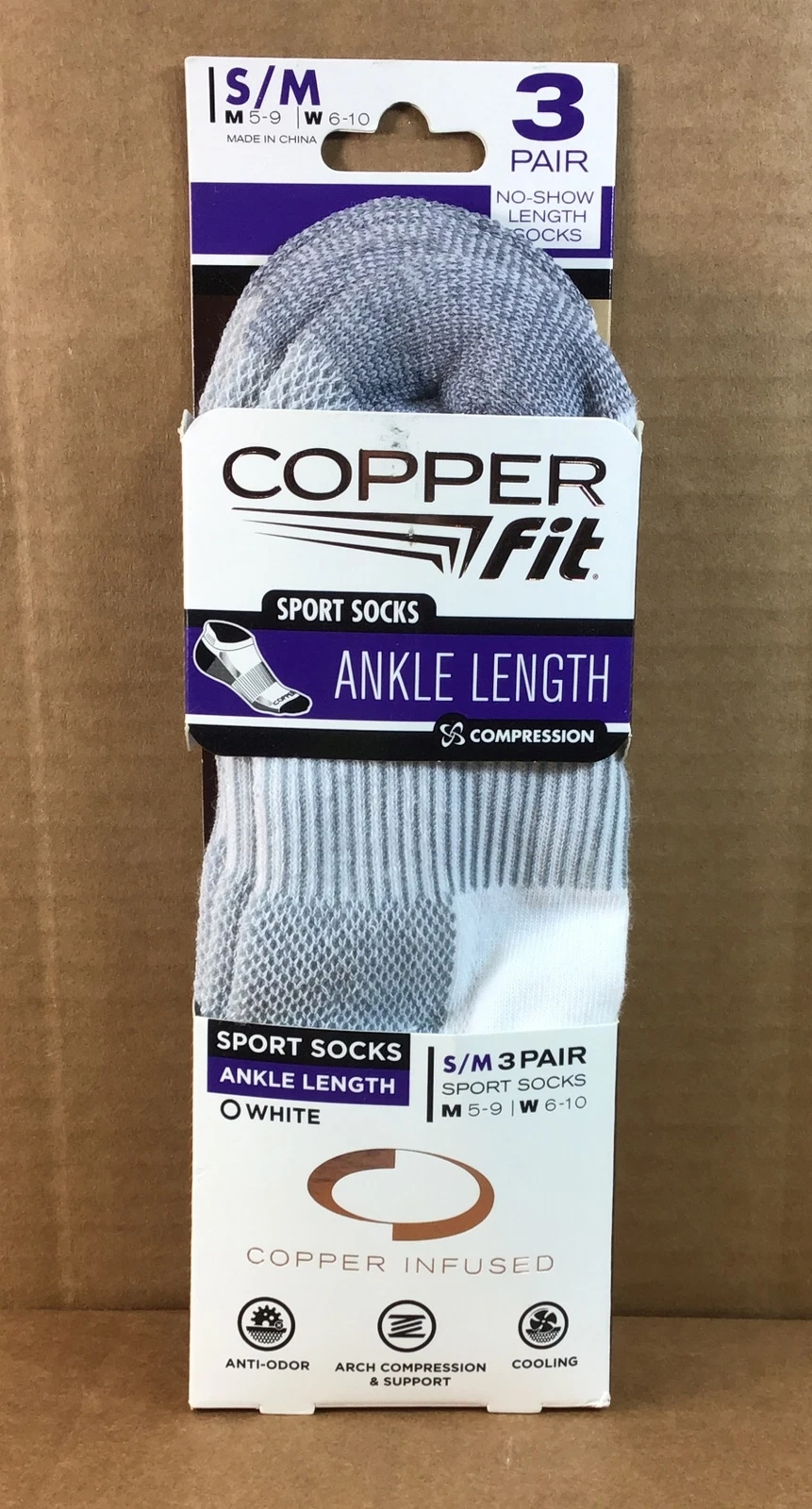 Copper Fit 3 PAIR Ankle Socks Copper Infused Compression Small/Medium White/Grey