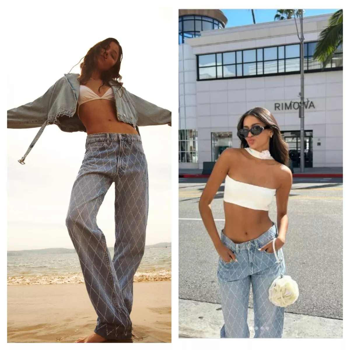 ZARA LIGHT BLUE Rhinestones Wide Leg Jeans REF. 8197 128 BLOGGERS FAVORITE