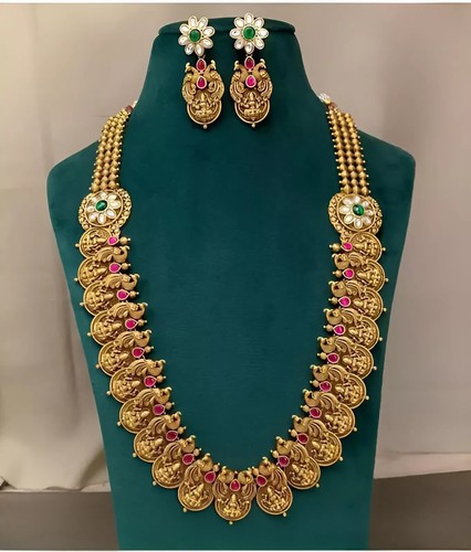 South Indian Bollywood Gold Plated Bridal Temple Necklace Earrings Jewelry Set - Picture 4 of 6