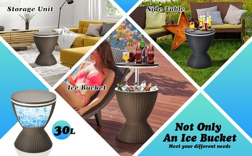 8 Gallon 3 in 1 Patio Rattan Cooler Bar Table Adjust Ice Bucket Side Table Brown - Picture 15 of 15